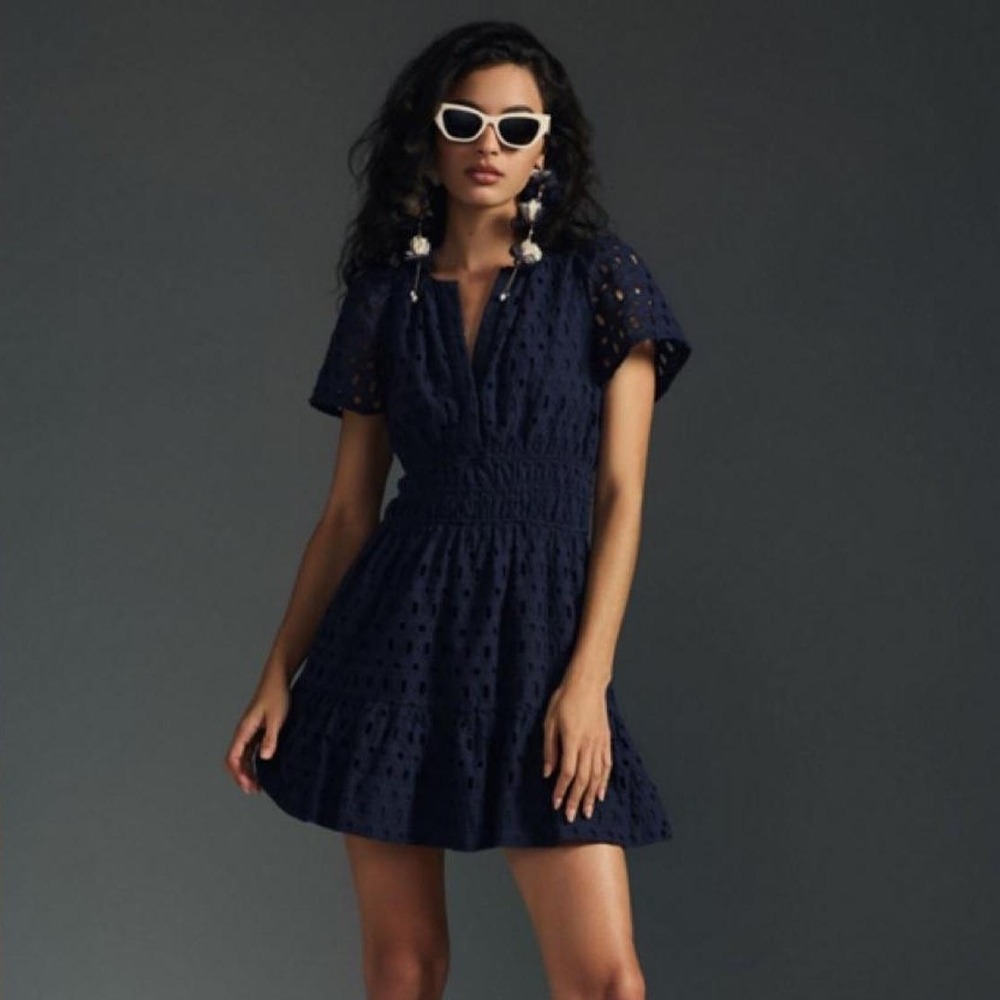 Anthropologie Mini Eyelet Dress Navy Blue Size Medium New With Tags